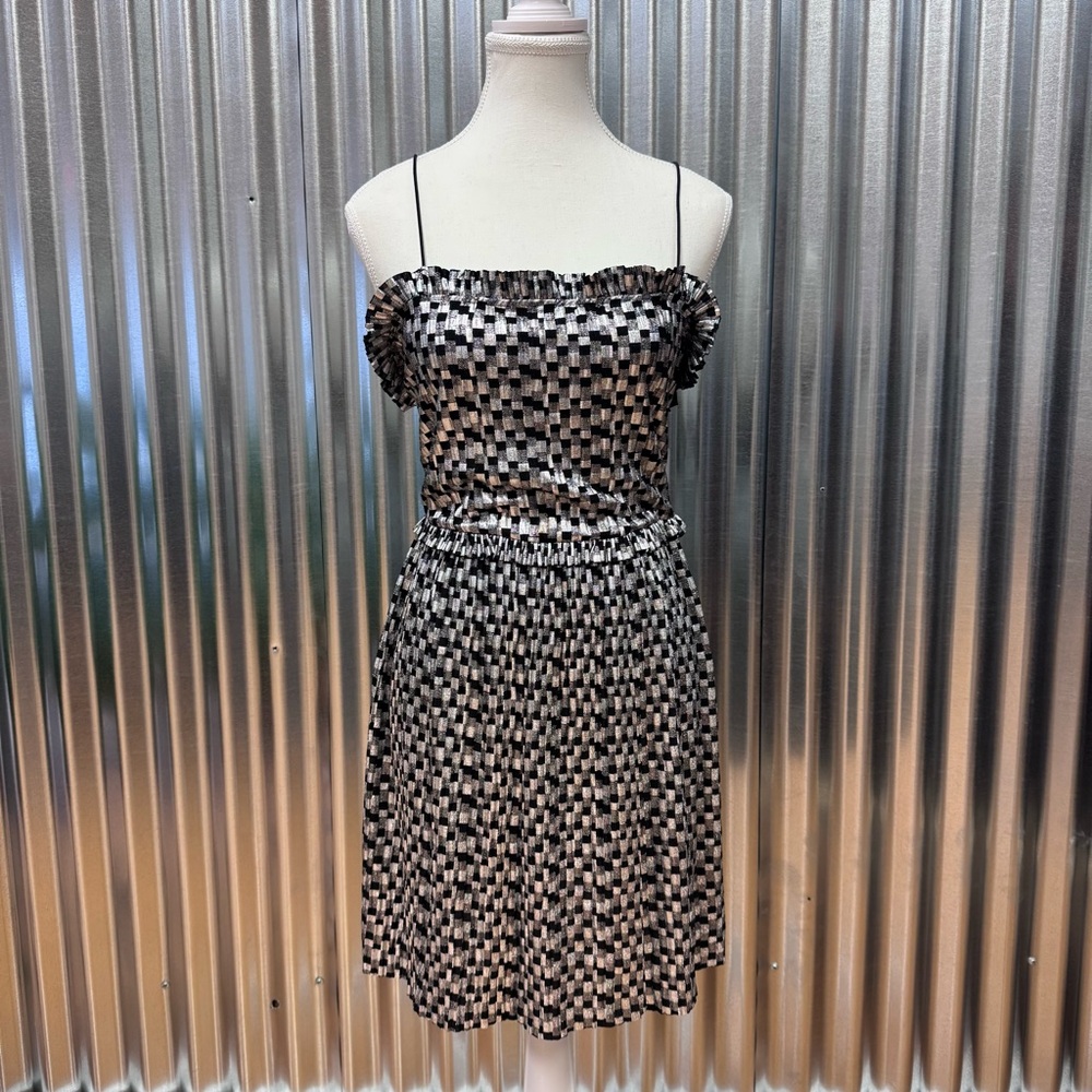 NWT Zara Black and Metallic Silver Checkered Spaghetti Strap Ruffled Mini Dress